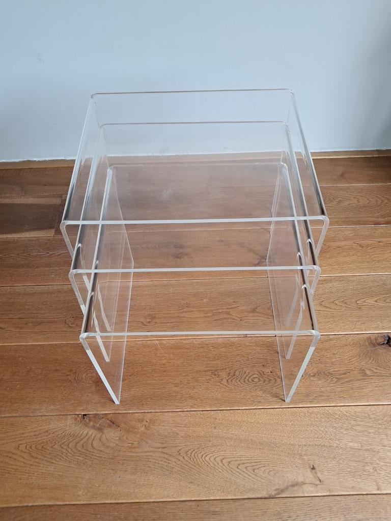 Vintage set van 3 plexiglas/ acrylglas bijzettafeltjes, Ophalen, Minder dan 45 cm, Gebruikt, Vierkant