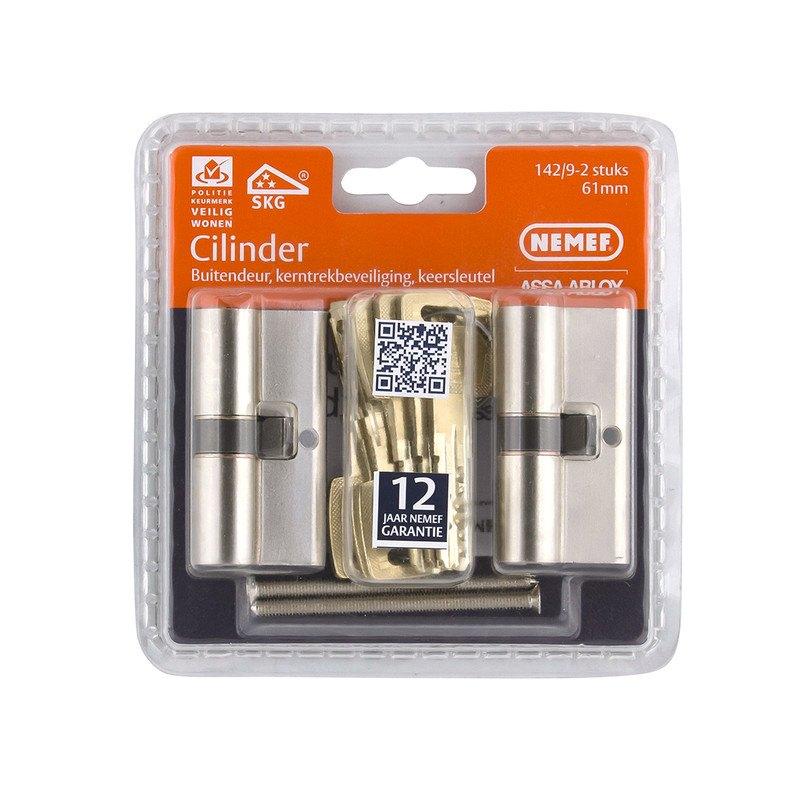 Nemef cilinder met keersleutel SKG*** 142/9 2 gelijksluitend, Ophalen, Nieuw, Rvs, Slot