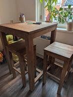 bartafel met twee krukken teak, Huis en Inrichting, Tafels | Statafels, Ophalen, Zo goed als nieuw