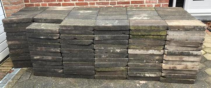 Gratis: 23 m2 aan tuintegels, formaat 40x20x6 cm, 275 tegels, Tuin en Terras, Tegels en Klinkers, Gebruikt, Terrastegels, Beton