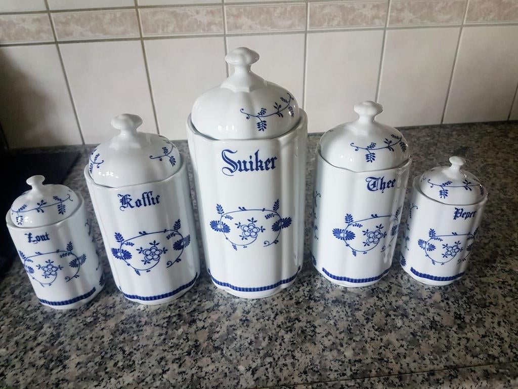 Set van 5 porseleinen voorraadpotten, Delfts blauw decor, Gebruikt, Ophalen of Verzenden, Voorraadpot, Steen/keramiek