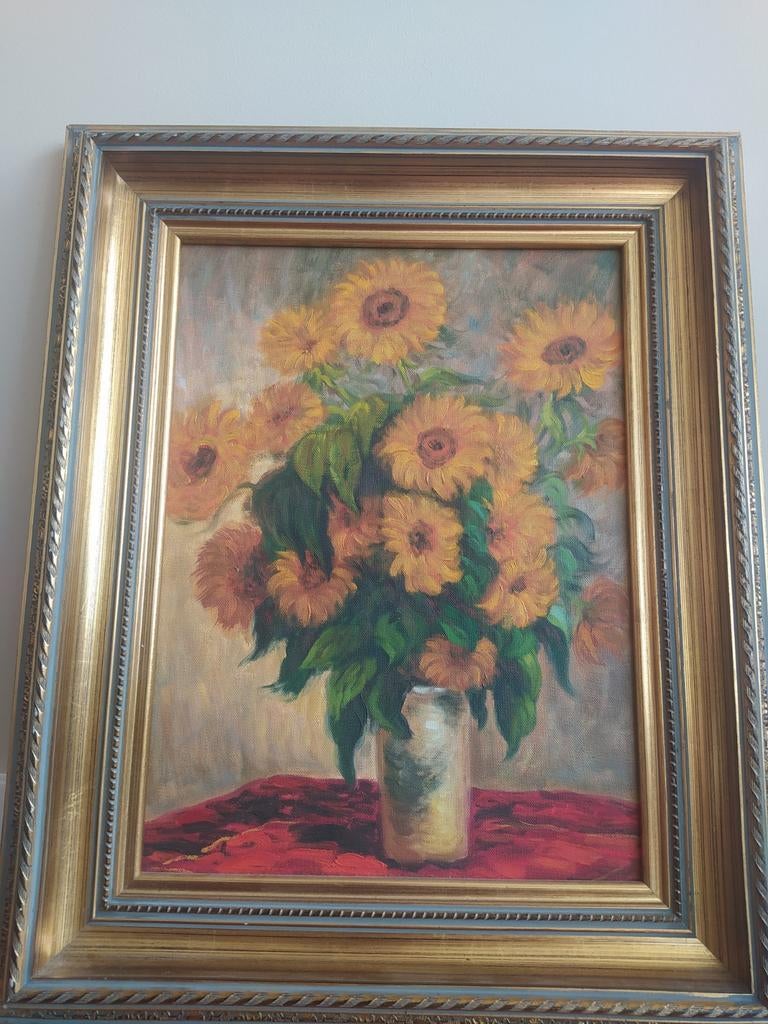 Vintage schilderij zonnebloemen in vaas, van Gogh stijl, Ophalen of Verzenden