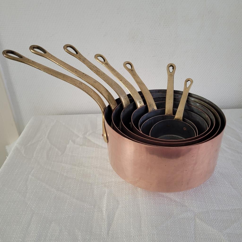 7 franse brocante koperen pannen pannenset, Huis en Inrichting, Keuken | Potten en Pannen, Ophalen of Verzenden, Gebruikt, Overige materialen