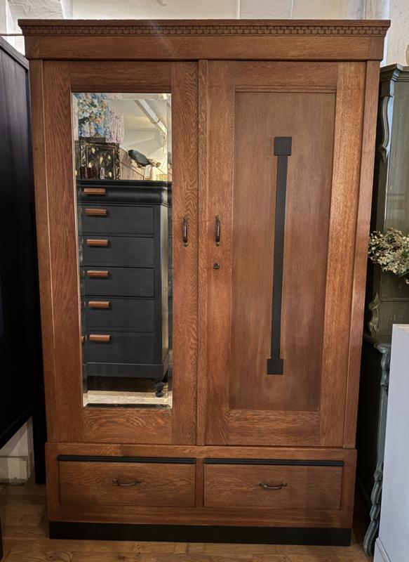 Vintage Art Deco linnenkast, Amsterdamse School legkast VdlM, Ophalen, 100 tot 150 cm, 1 of 2 laden, Eikenhout