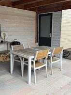 Houten tuintafel met tuinstoelen en kussens, Ophalen, 4 zitplaatsen, Eettafel, Zo goed als nieuw