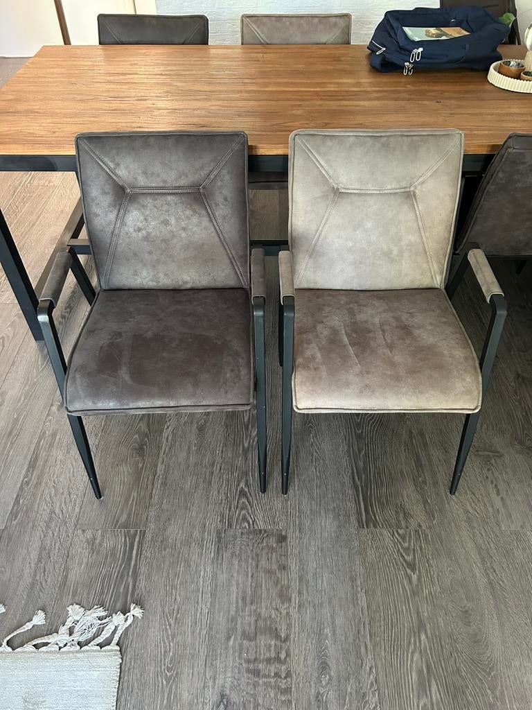 6 Eetkamerstoelen grijs - industrieel stalen onderstel, Ophalen, Zo goed als nieuw, Stof, Grijs