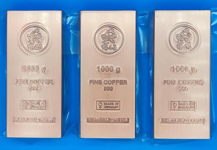3 x 1 kg koperbaar 999 Heimerle Meule fijnkoper Copper Bar, Postzegels en Munten, Edelmetalen en Baren, Zilver, Ophalen of Verzenden