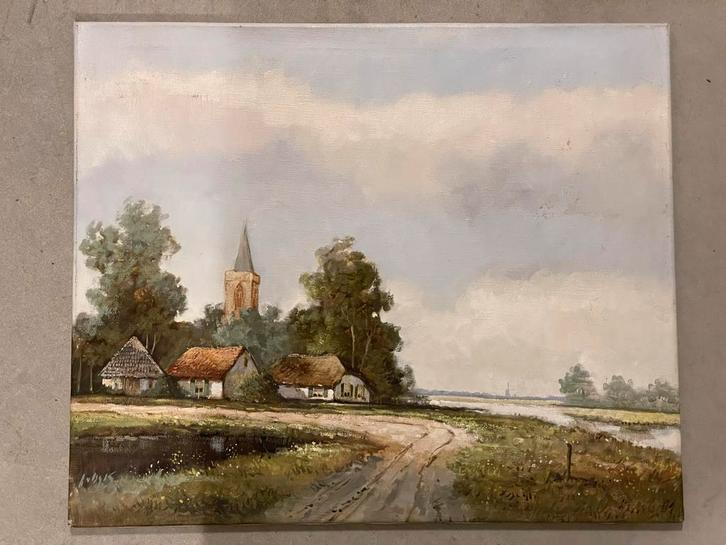 Schilderij: Landschap met boerderijen, Antiek en Kunst, Kunst | Schilderijen | Klassiek, Ophalen of Verzenden