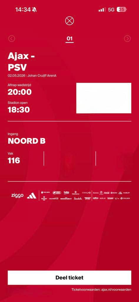 1 ticket voor ajax amsterdam vs psv eindhoven vak 116, Tickets en Kaartjes, Sport | Voetbal, Eén persoon, Mei