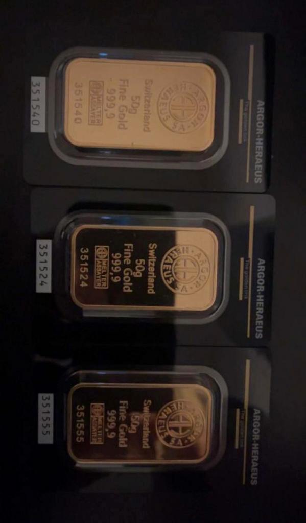 Argor-Heraeus Goudbaren 3 x 50 gram, Postzegels en Munten, Edelmetalen en Baren, Ophalen of Verzenden