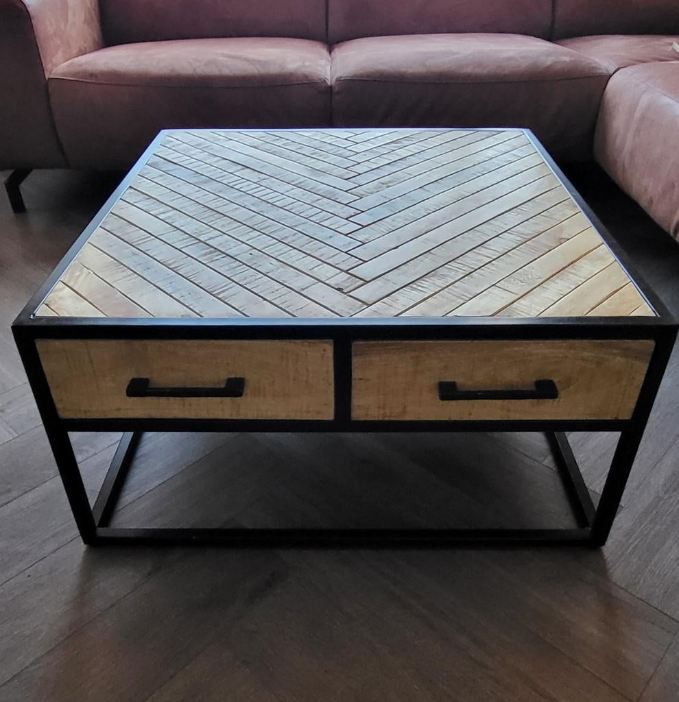 Salontafel visgraat 80x80 cm met lades, Gebruikt, 50 tot 100 cm, Industrieel, Modern, Visgraat, Vierkant