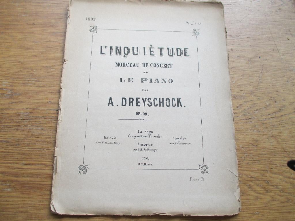 A.DREYSCHOCK - L'INQUIÈTUDE - OP.29 -PIANO, Gebruikt, Klassiek, Ophalen of Verzenden, Artiest of Componist