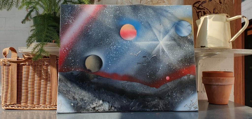 Spraypaint art melkweg met bergen, Ophalen of Verzenden