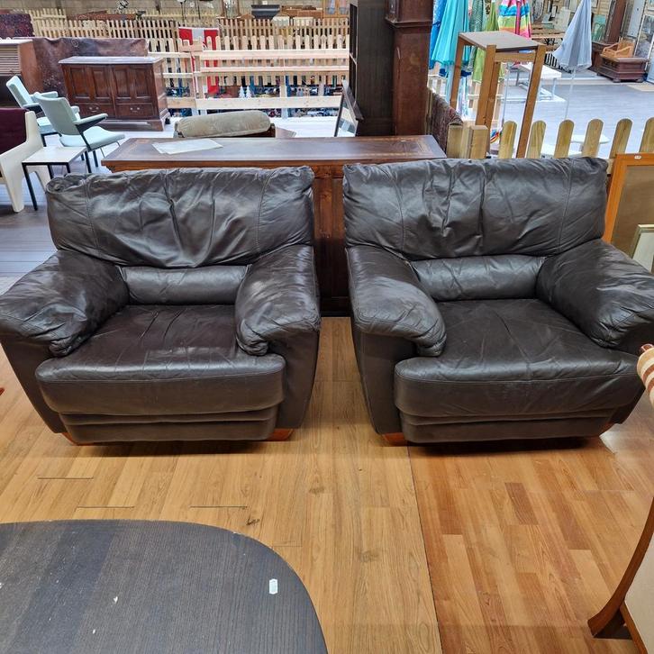 Verkocht! Robuuste Leren Fauteuils - Comfortabel en Duurzaam, Huis en Inrichting, Fauteuils, Gebruikt, Leer, 75 tot 100 cm, 75 tot 100 cm