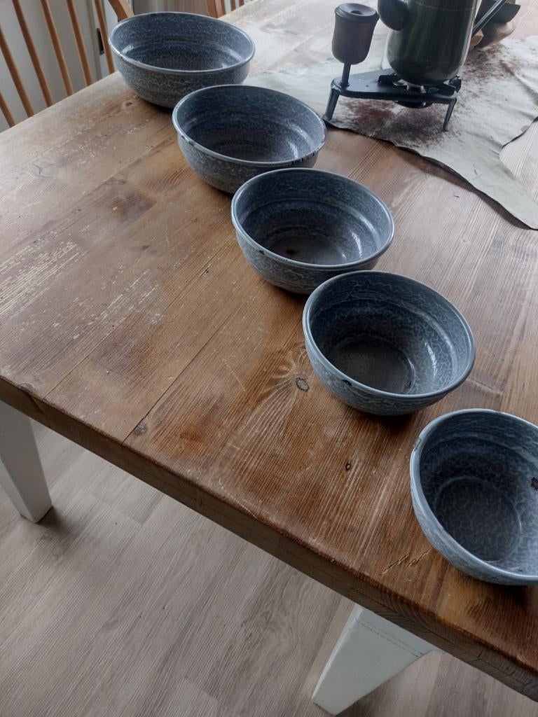 Emaille grijs gewolkte kommen set van 5 stuks, Ophalen of Verzenden