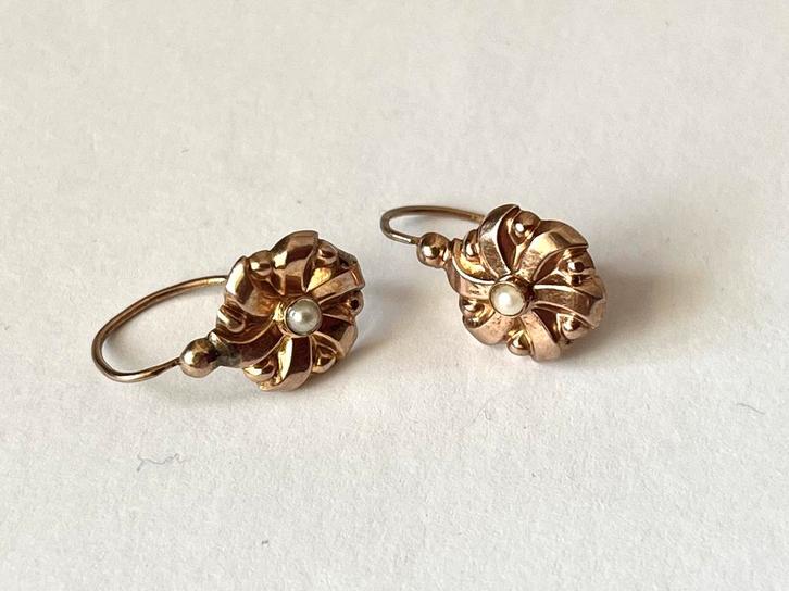 Antieke oorbellen 18 kt goud parel, Sieraden, Tassen en Uiterlijk, Antieke sieraden, Oorbellen, Goud, Met edelsteen, Ophalen of Verzenden