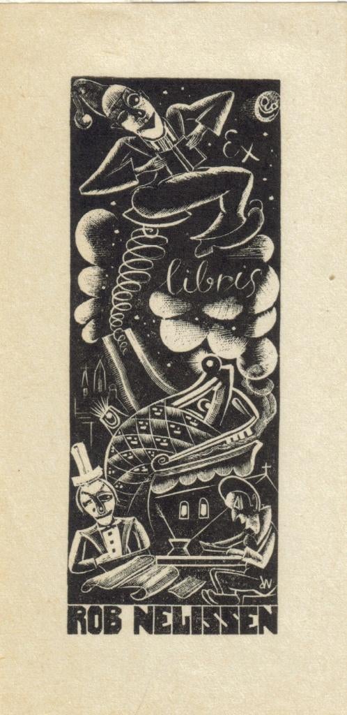 Cor de Wolff ex-libris houtsnede "Rob Nelissen", 1947, Antiek en Kunst, Ophalen
