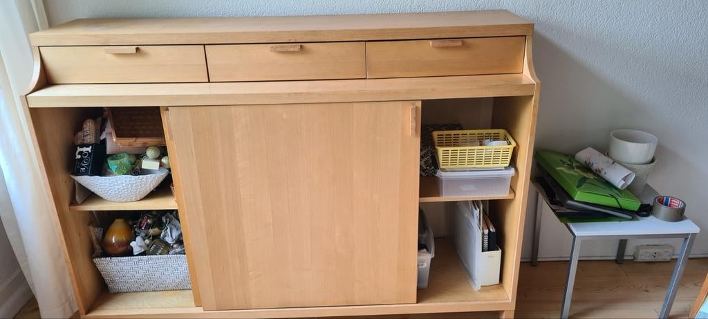 Houten dressoir met lades en schuifdeuren, Ophalen, Gebruikt, Modern, Tijdloos, 25 tot 50 cm