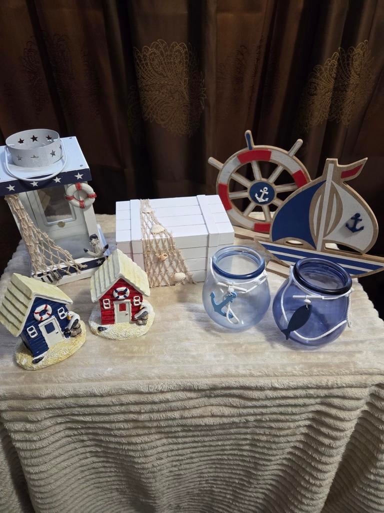 Maritieme decoratieset: huisjes, boot, stuur,  en potjes, Huis en Inrichting, Woonaccessoires | Overige, Nieuw, Hout, Blauw, Landelijk
