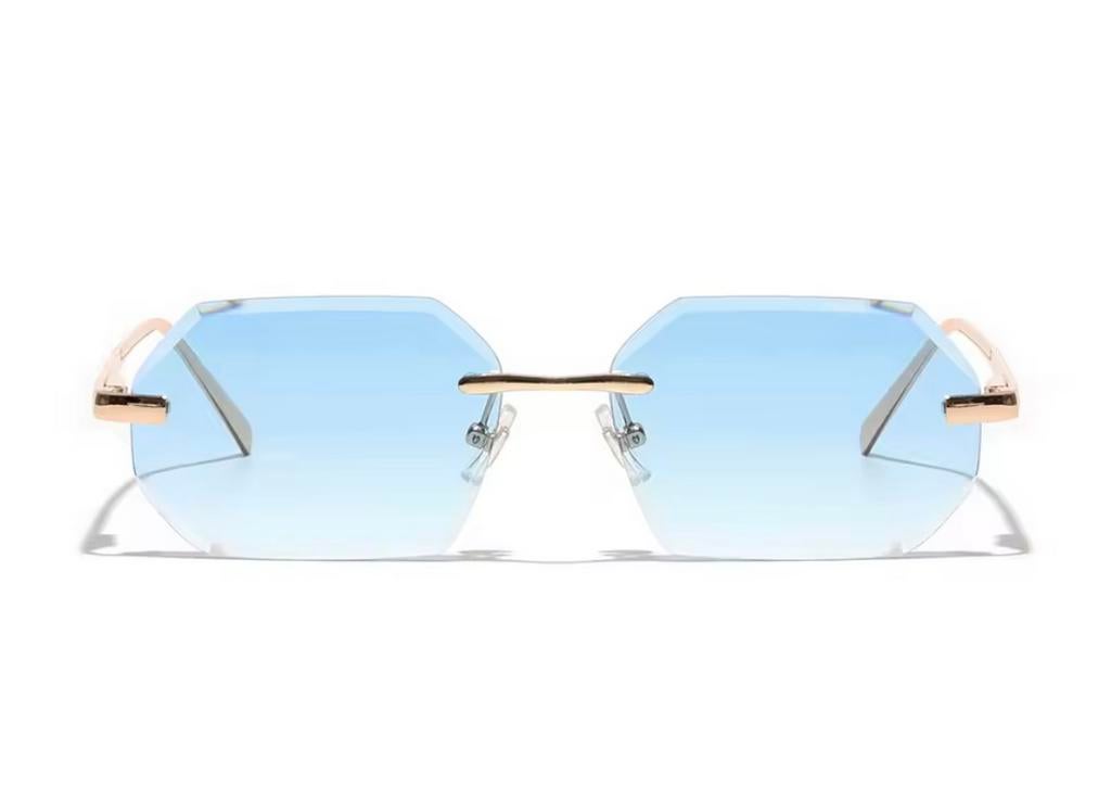 Nieuwe Design zonnebril gouden montuur en blauwe glazen, Overige merken, Zonnebril, Blauw, Nieuw