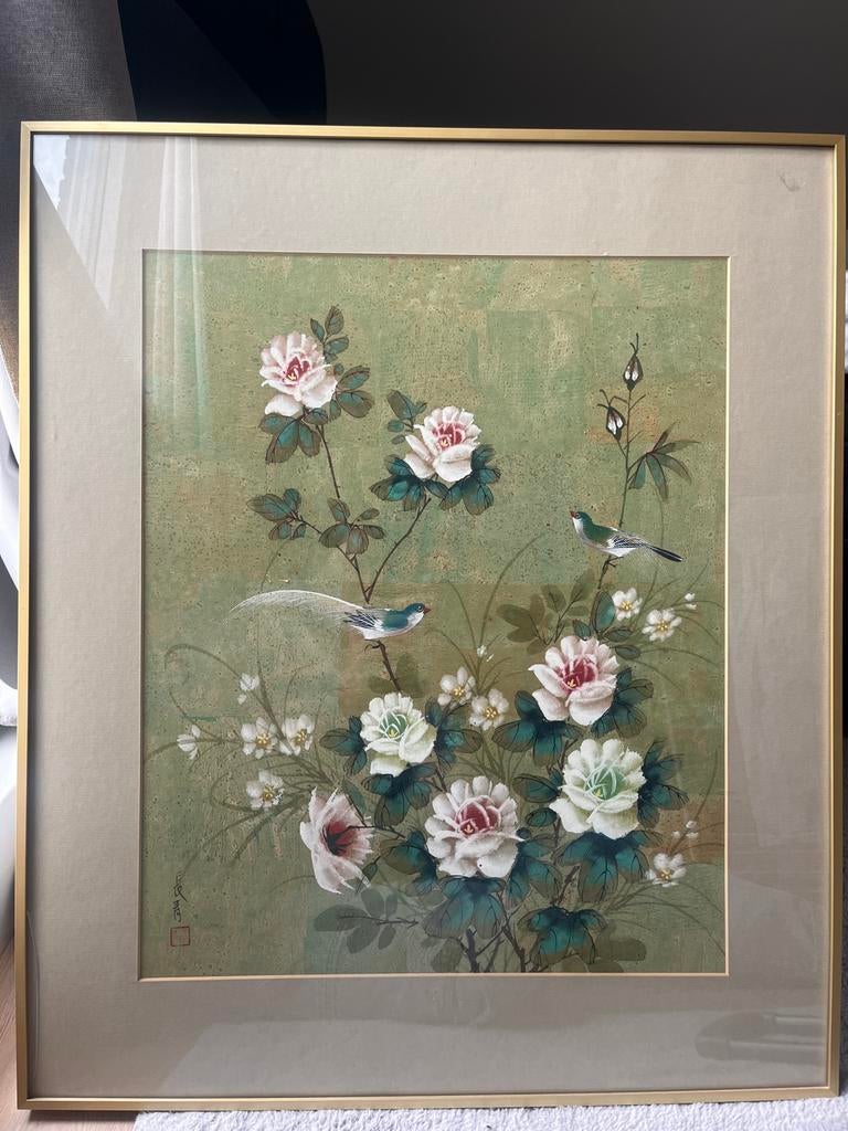 Oosters Schilderij met Bloemen en Vogels - Vintage Kunst, Ophalen