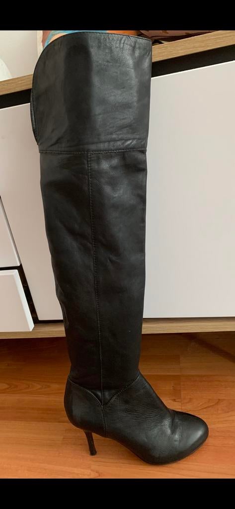 Hoge leren  over de knie laarzen kinky stilettohak maat 39, Verzenden, Zo goed als nieuw, Zwart, Hoge laarzen