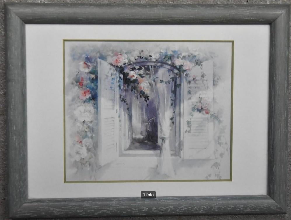 schilderij 20x25 lijst aquarel tuin bloemen romantiek pastel, Ophalen of Verzenden