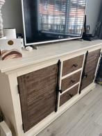 Crème wit dressoir met acaciahouten deuren en lades, Ophalen, Gebruikt, 150 tot 200 cm, Met lade(s)