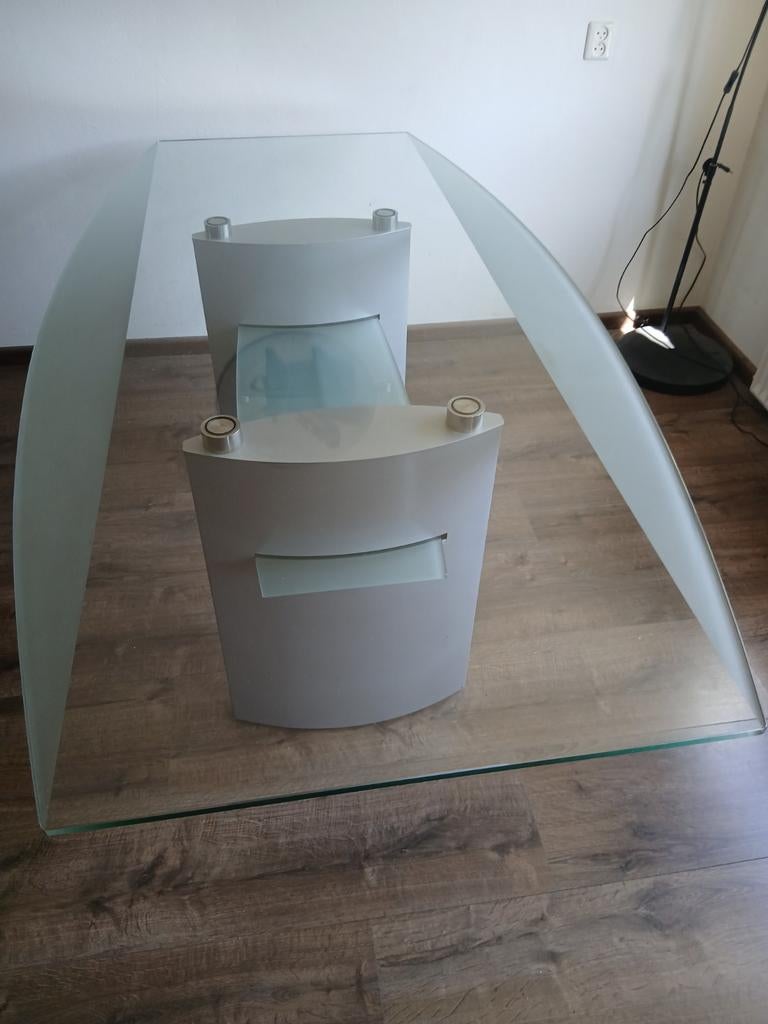 Design glazen eettafel met stalen, zilverkleurig, onderstel, Ophalen, Gebruikt, 200 cm of meer, 50 tot 100 cm
