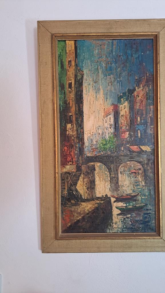 Olieverfschilderij: Stadsgezicht met gracht en brug, Ophalen of Verzenden