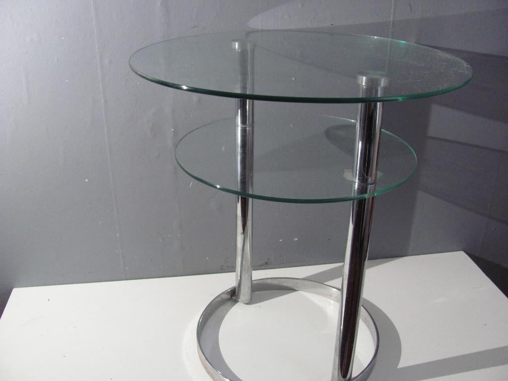 bijzet tafeltje glas en chroom 46 cm hoog, Minder dan 55 cm, Gebruikt, Rond, Glas