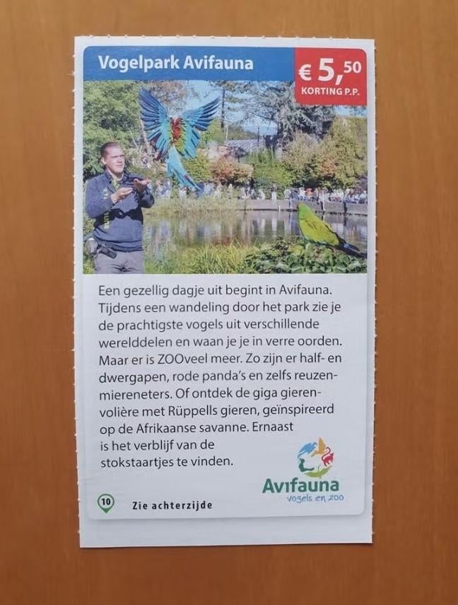 Vogelpark Avifauna €5,50 korting p.p. maximaal 5 personen, Drie personen of meer, Kortingskaart