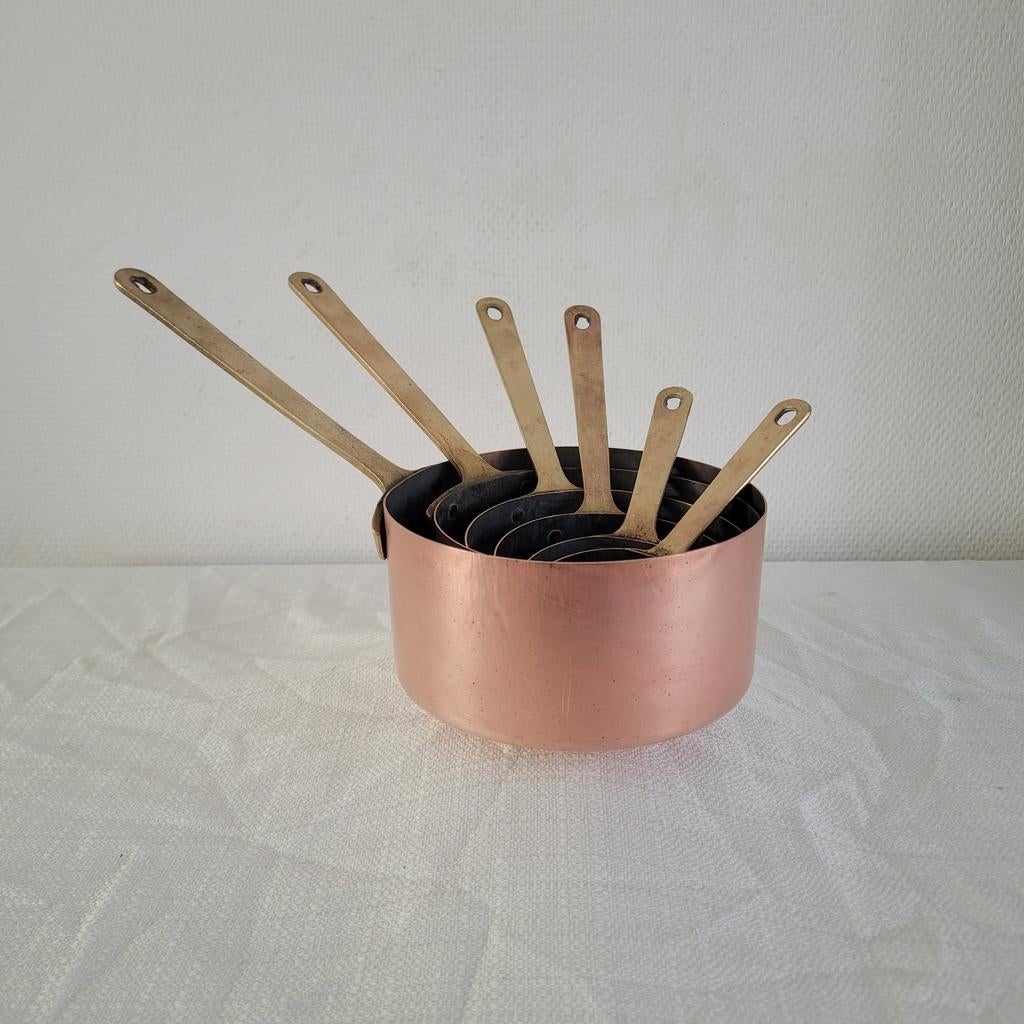 6 brocante franse koperen pannen pannenset, Huis en Inrichting, Keuken | Potten en Pannen, Ophalen of Verzenden, Gebruikt, Overige materialen