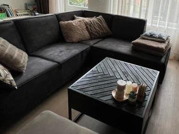 Salontafel industrieel mangohout zwart visgraat 2 lades, Huis en Inrichting, Tafels | Salontafels, Ophalen, Gebruikt, Vierkant