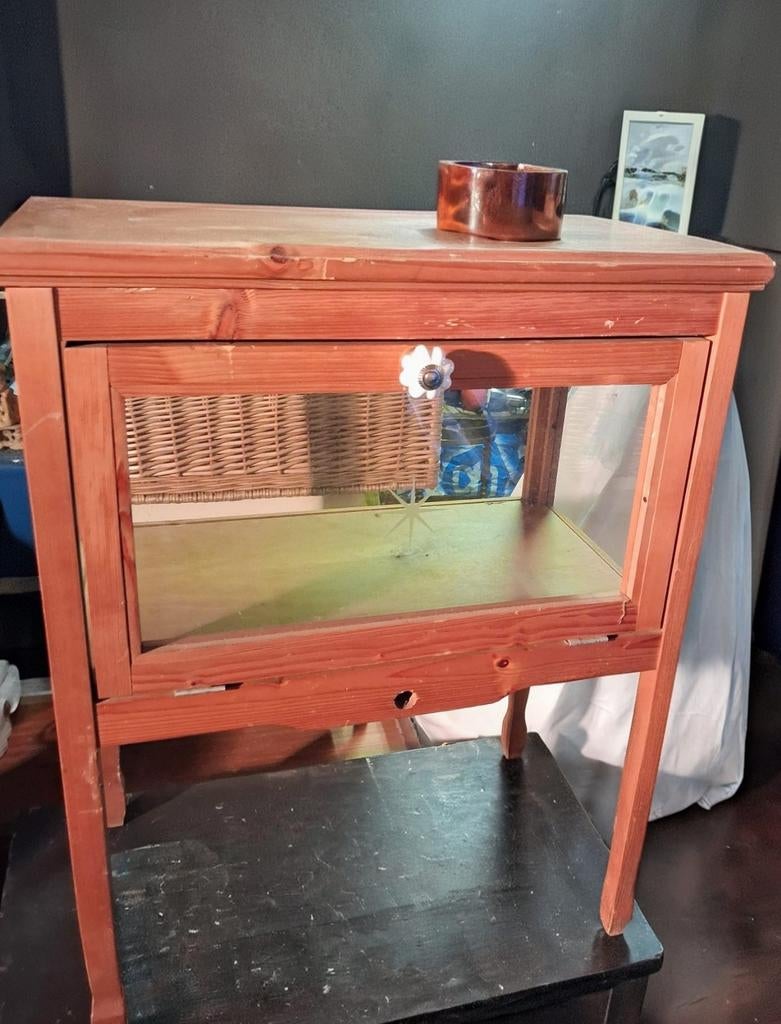 Vintage houten vitrinekastje (Theekastje) met glazen deur, Ophalen