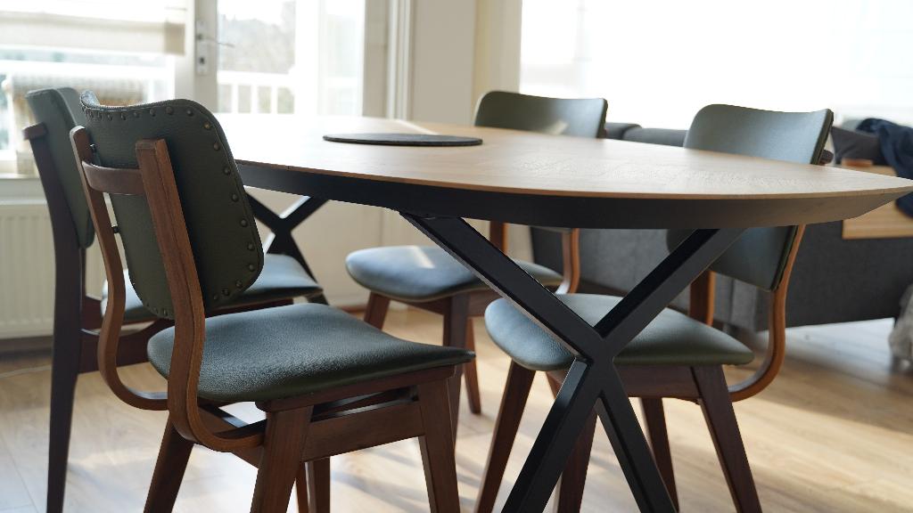 Vintage teak dining chairs 60s olive leather set, Ophalen of Verzenden