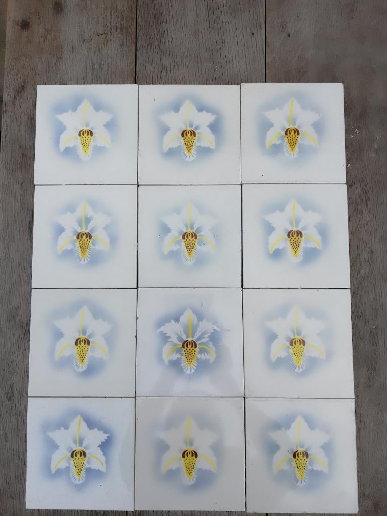 60 Art nouveau wandtegels met afbeelding lelie grijs/blauw, Ophalen
