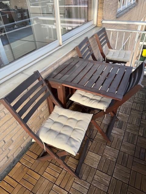 Houten tuinset met 4 inklapbare stoelen en inklapbare tafel, Tuin en Terras, Tuinsets en Loungesets, Ophalen, 4 zitplaatsen, Gebruikt