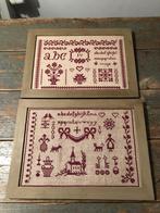 VINTAGE MERKLAP FRANS ALFABET BORDUREN ROOD LINNEN LIJST, Antiek en Kunst, Antiek | Kleden en Textiel, Ophalen of Verzenden