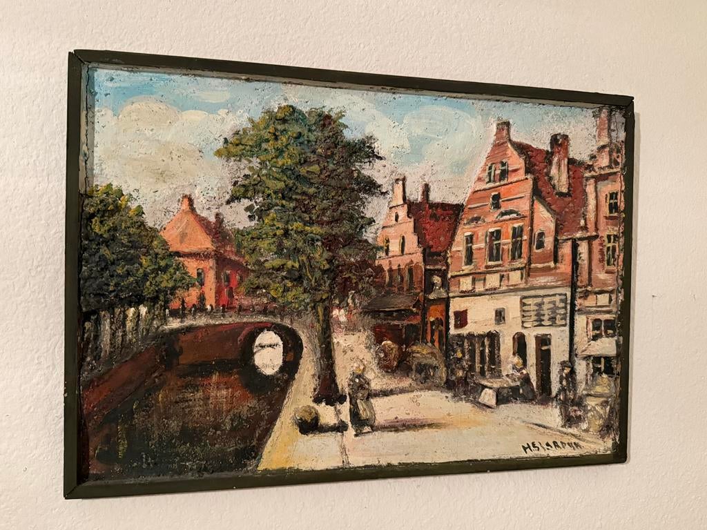 Vintage Oud Hollands Stadsgezicht Schilderij, Ophalen