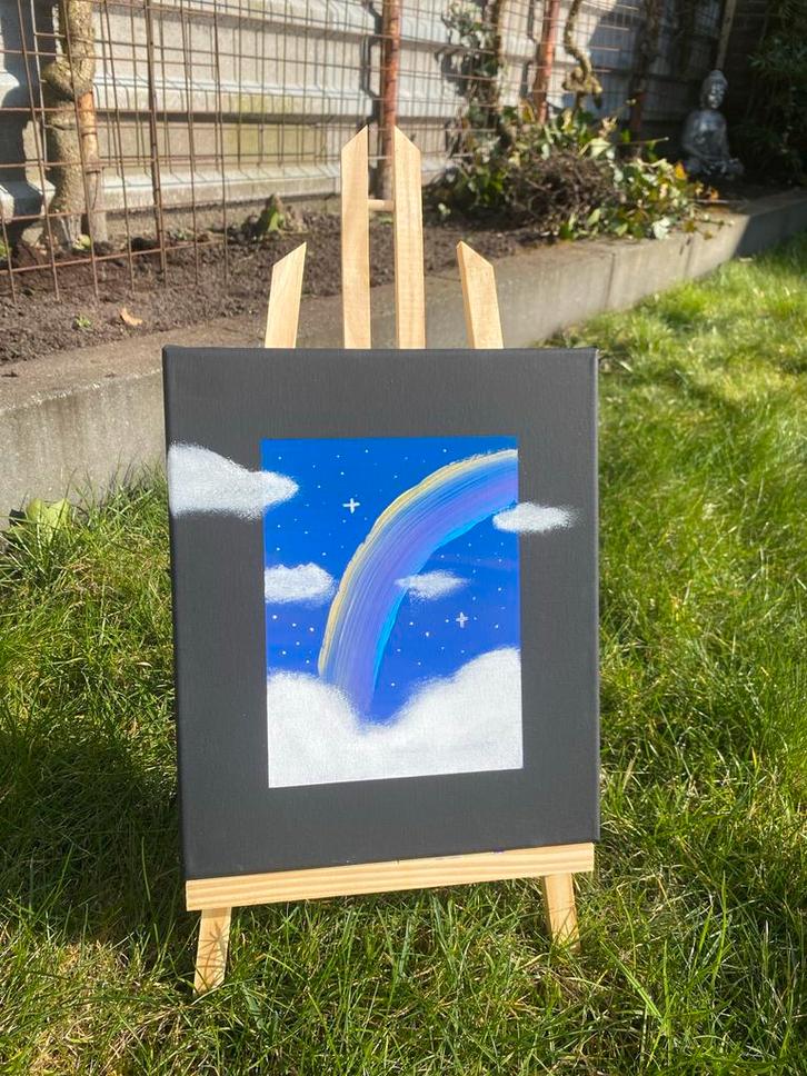 Handgemaakt Schilderij Regenboog in Wolken 24x30 cm, Antiek en Kunst, Kunst | Schilderijen | Modern, Ophalen of Verzenden