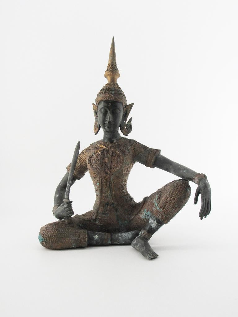 Brons beeld van Thaise tempelwachter (zittend), Antiek en Kunst, Ophalen of Verzenden, Brons, 20 - 50 cm, Beeld