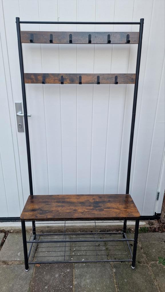 Kapstok met bankje en schoenenrek - Industrieel design, Huis en Inrichting, Woonaccessoires | Kapstokken, Zo goed als nieuw, Staande kapstok