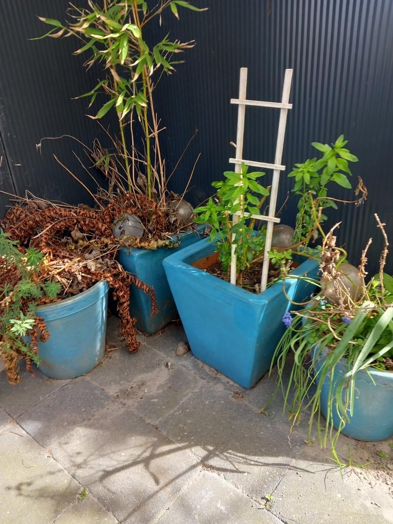 4 turquoise aardewerken bloempotten, Ophalen, Rond, Steen, Minder dan 30 cm