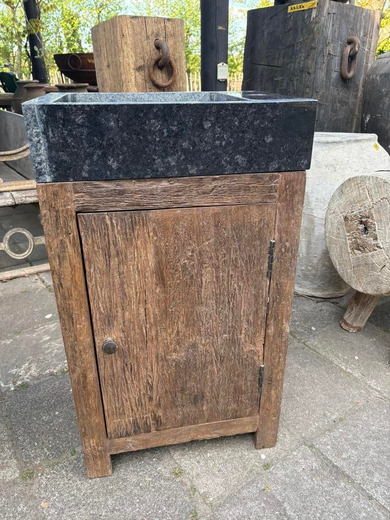 Robuust wc - badmeubel - Old Wood - hardstenen bak, Ophalen, Minder dan 50 cm, Nieuw, Nvt