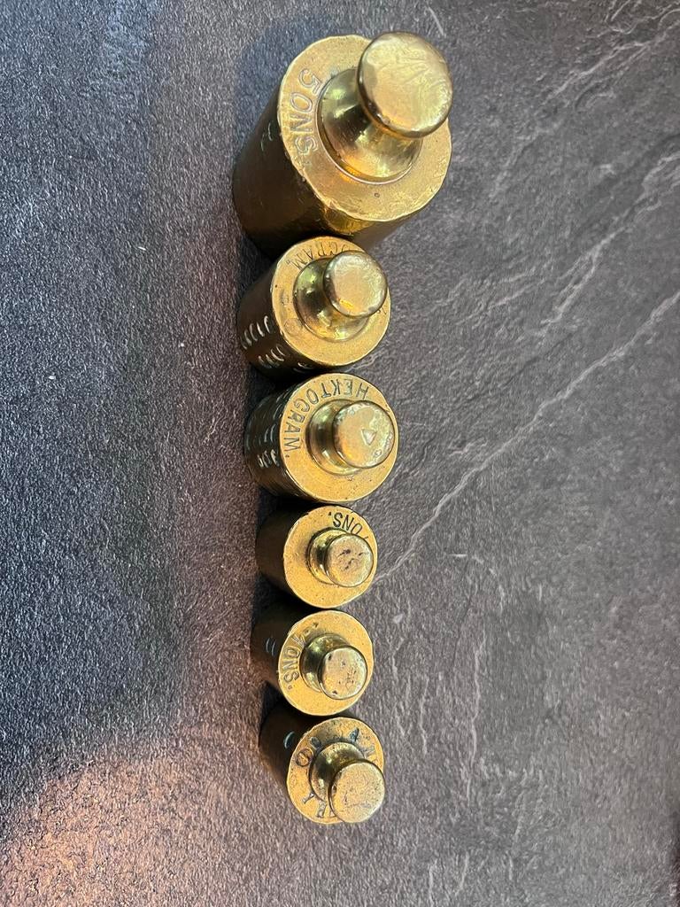 Set van 6 antieke messing knopgewichten, Antiek en Kunst, Ophalen of Verzenden