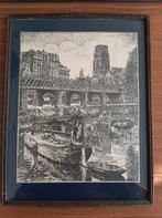 Ets in lijst Rotterdam Kolk met Laurenskerk en schepen., Antiek en Kunst, Ophalen of Verzenden