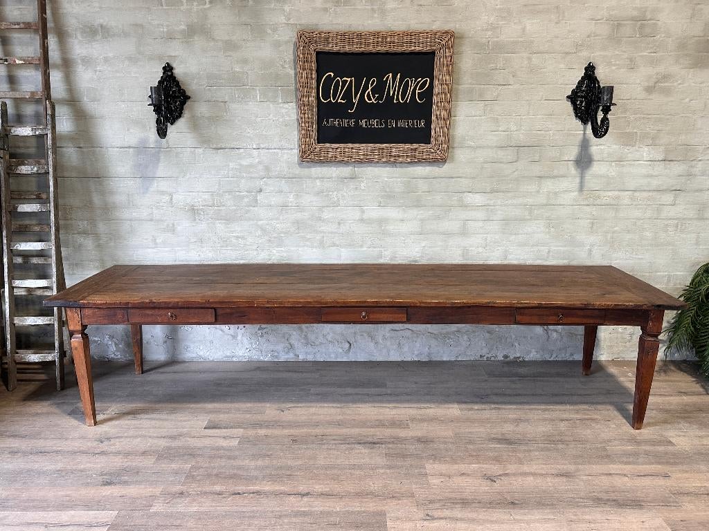 Franse boerentafel met 3 lades - 350 x 98 cm + 77,5 cm hoog, Eikenhout, 200 cm of meer, Ophalen of Verzenden, Vijf personen of meer