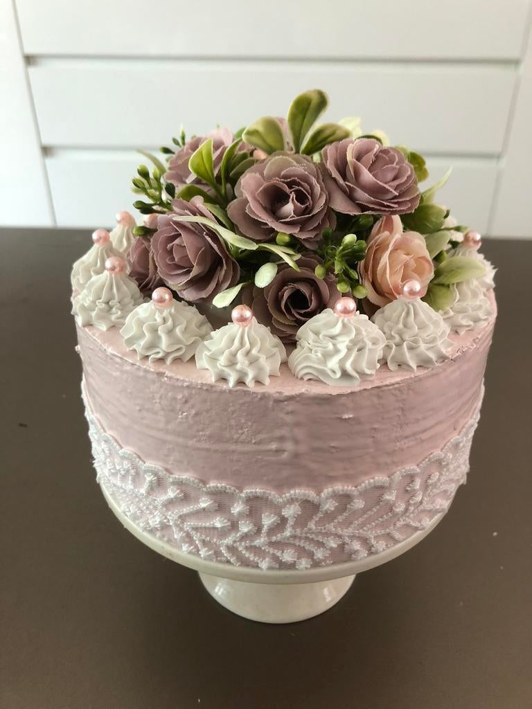 Sier taartje met roze en paarse rozen., Ophalen, Nieuw
