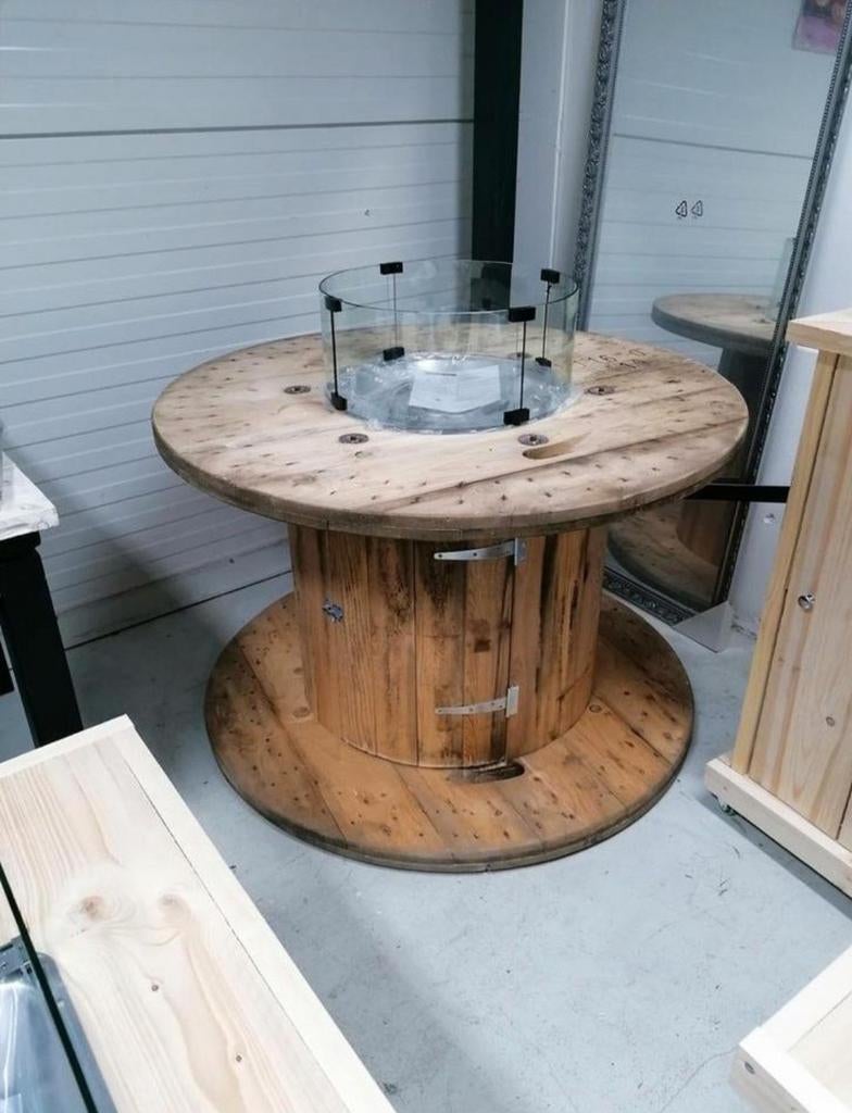 Vuurtafel industrieel met RVS brander en glazen ombouw, Ophalen